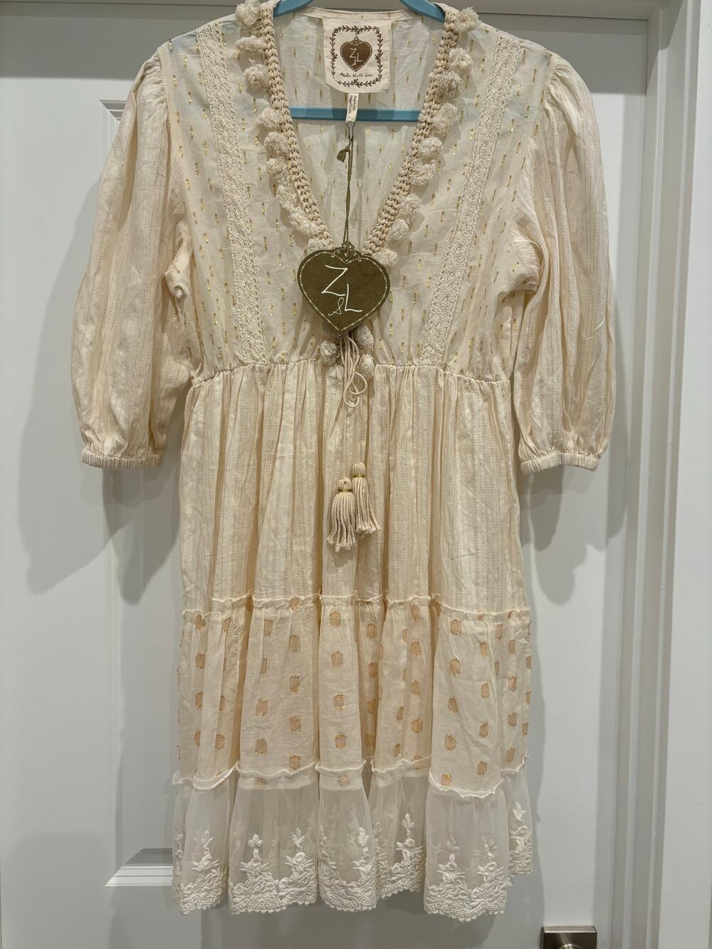 Z&L Cream Boho Lace Tassel Metallic Mini Dress 100% Cotton Size Large NWT